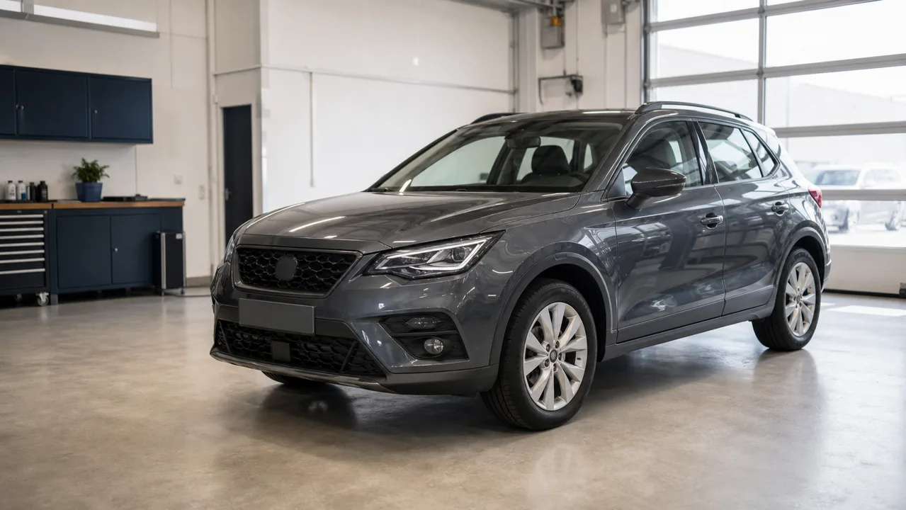 Fahrzeug in einer hellen Werkstatt, seitliche Ansicht der Carrosserie
